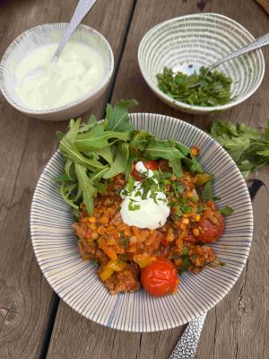 Köttfärsröra med linser och tomat